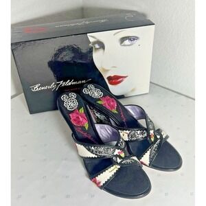 Vintage BEVERLY FELDMAN Floral Wedge Sandals Embroidered High Heels Slip RARE 8